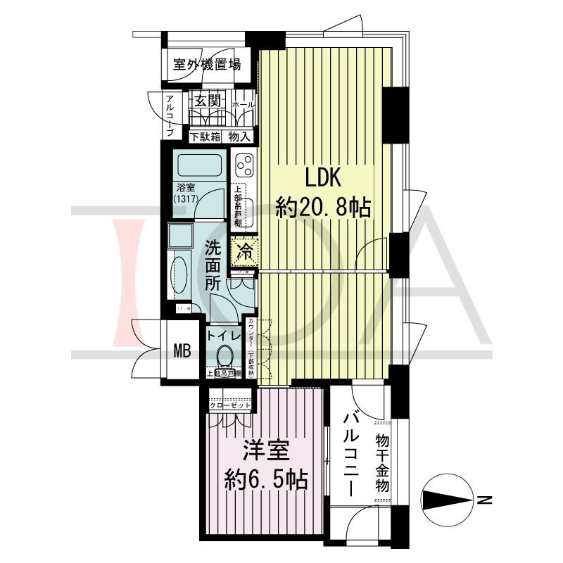 アーバンライフ御堂筋本町タワーの間取り図 北向き角 1LDK 専有面積57.70m2
アルコーブ面積0.72m2
バルコニー面積4.90m2