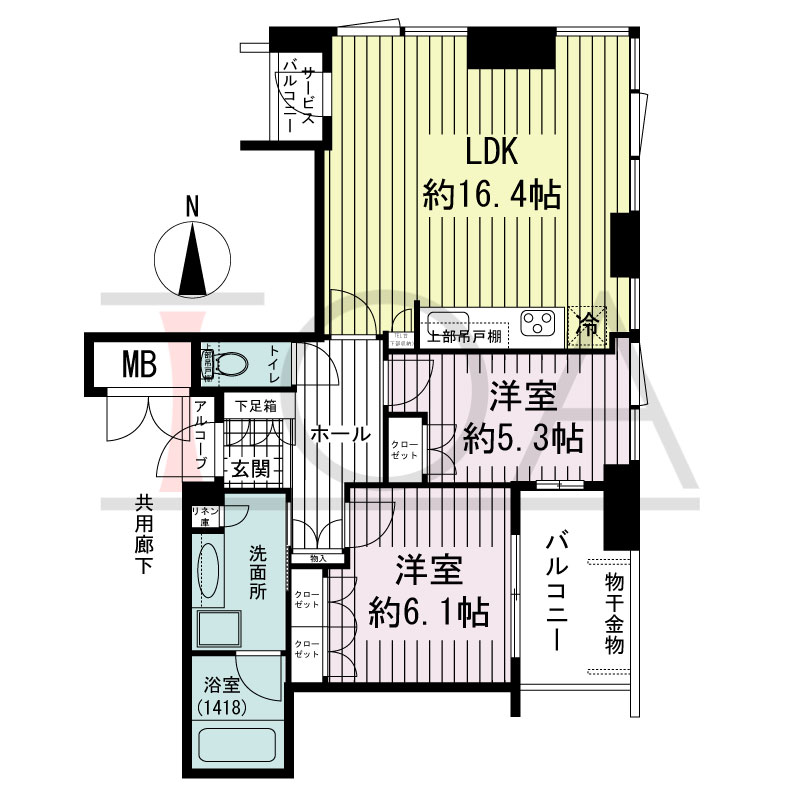 アーバンライフ御堂筋本町タワーの間取り図 東向き 2LDK 専有面積64.17m2
アルコーブ面積0.79m2
バルコニー面積5.86m2
サービスバルコニー面積1.38m2