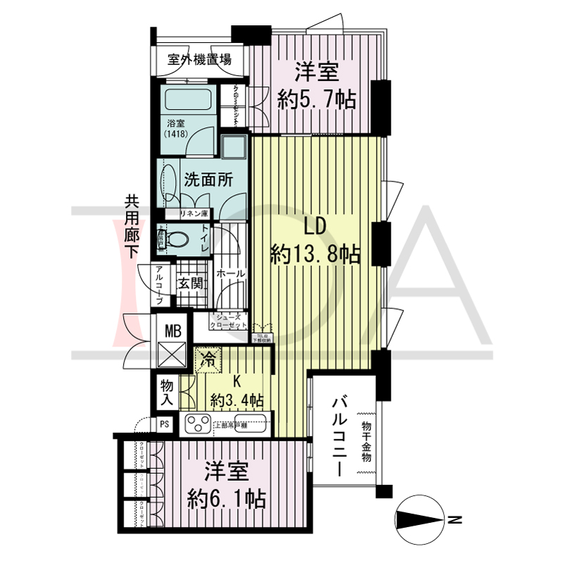 アーバンライフ御堂筋本町タワーの間取り図 北向き角 2LDK 専有面積64.70m2
アルコーブ面積0.66m2
バルコニー面積4.61m2