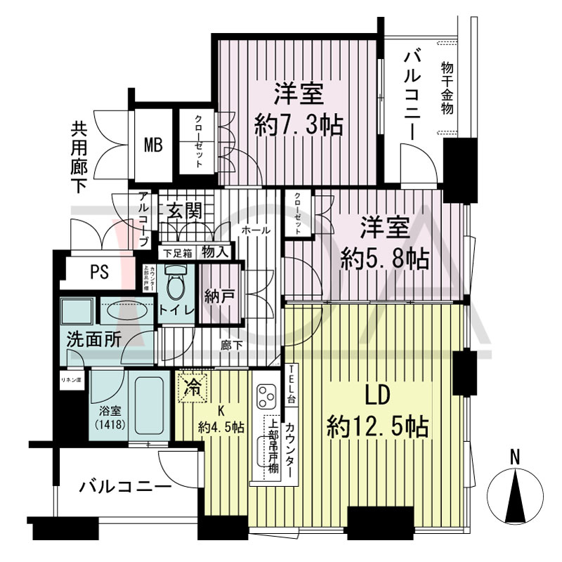 アーバンライフ御堂筋本町タワーの間取り図 東向き角 2LDK 専有面積70.65m2
アルコーブ面積0.74m2
バルコニー面積10.89m2