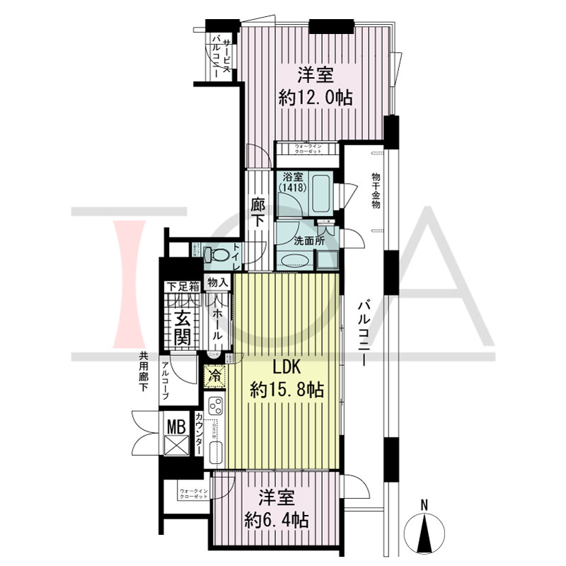 アーバンライフ御堂筋本町タワーの間取り図 東向き角 2LDK 専有面積78.50m2
アルコーブ面積2.18m2
バルコニー面積16.72m2
サービスバルコニー面積1.42m2