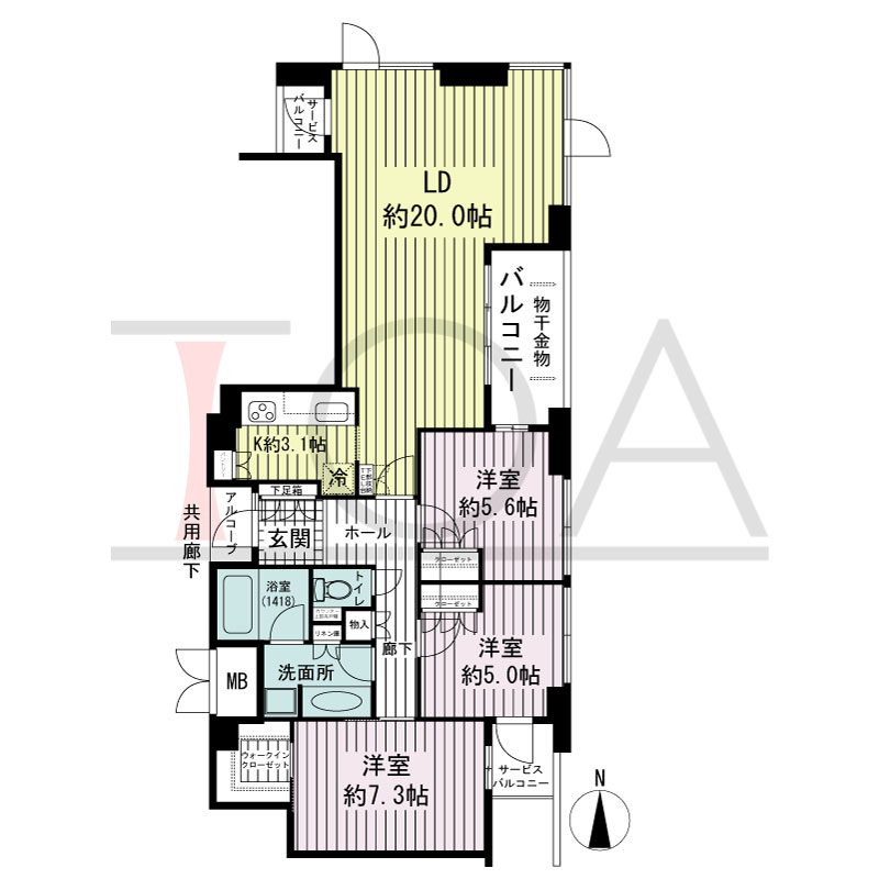 アーバンライフ御堂筋本町タワーの間取り図 東向き角 3LDK 専有面積88.79m2
アルコーブ面積1.36m2
バルコニー面積5.05m2
サービスバルコニー面積3.53m2
