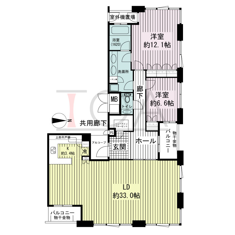 アーバンライフ御堂筋本町タワーの間取り図 北向き角 2LDK 専有面積122.42m2
アルコーブ面積2.80m2
バルコニー面積8.15m2