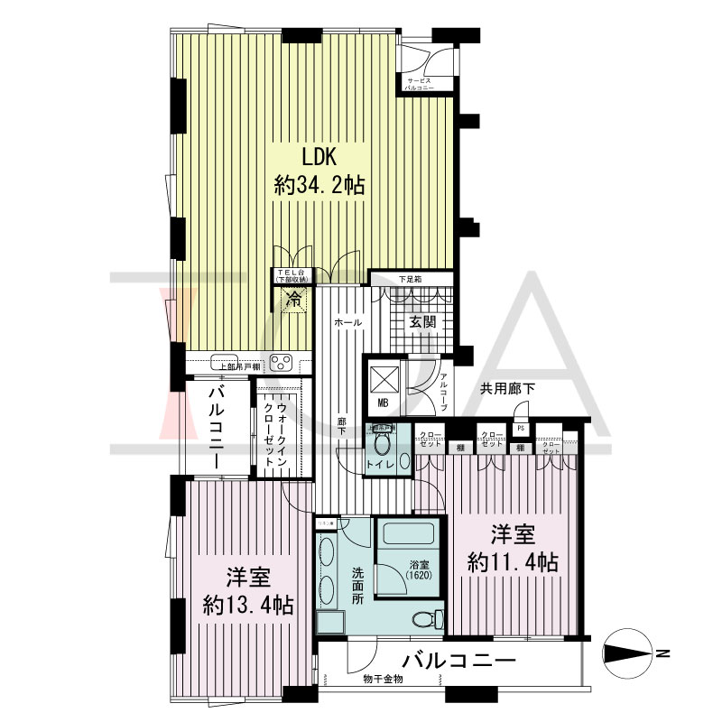 アーバンライフ御堂筋本町タワーの間取り図 南向き角 2LDK 専有面積132.60m2
アルコーブ面積2.35m2
バルコニー面積14.20m2
サービスバルコニー面積2.10m2