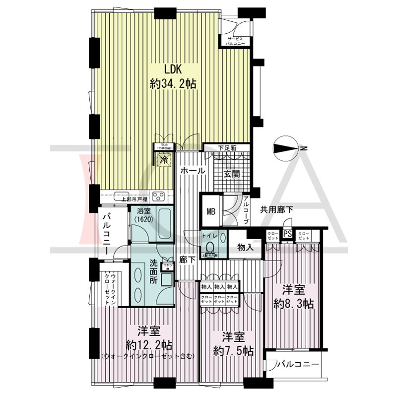 アーバンライフ御堂筋本町タワーの間取り図 南向き角 3LDK 専有面積140.81m2
アルコーブ面積2.35m2
バルコニー面積7.22m2
サービスバルコニー面積2.10m2