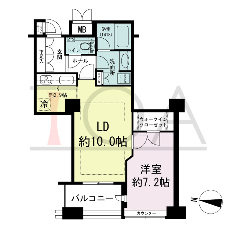 ディーグラフォート大阪NYタワーHIGOBASHIの間取り図 西向き 1LDK+WIC 専有面積49.46m2
バルコニー面積5.18m2