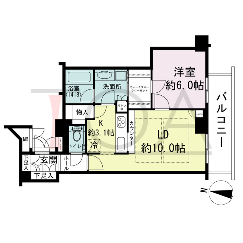 ディーグラフォート大阪NYタワーHIGOBASHIの間取り図 南向き 1LDK+WIC 専有面積50.89m2
バルコニー面積7.38m2