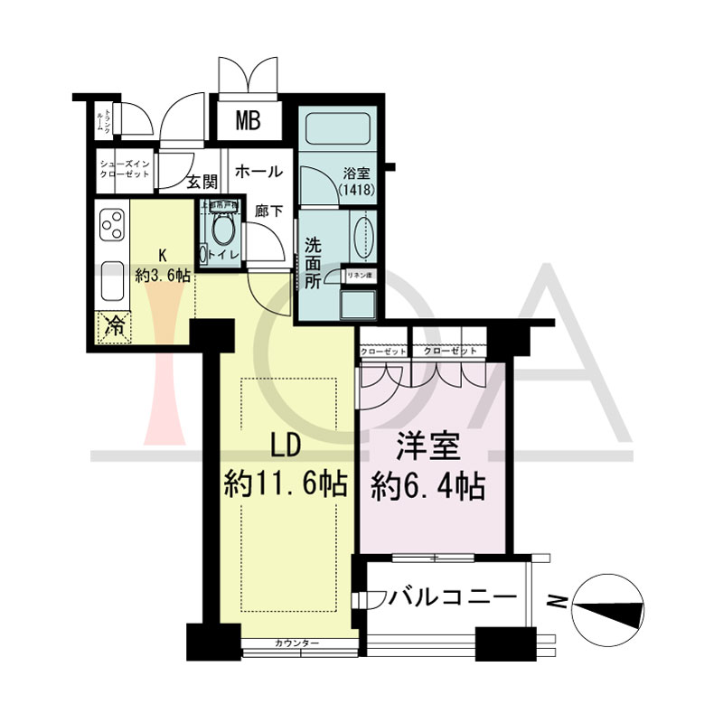 ディーグラフォート大阪NYタワーHIGOBASHIの間取り図 南向き 1LDK 専有面積51.38m2
バルコニー面積5.18m2