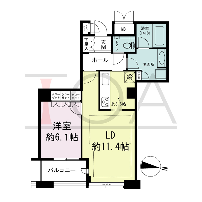 ディーグラフォート大阪NYタワーHIGOBASHIの間取り図 南向き 1LDK 専有面積52.09m2
バルコニー面積4.93m2
