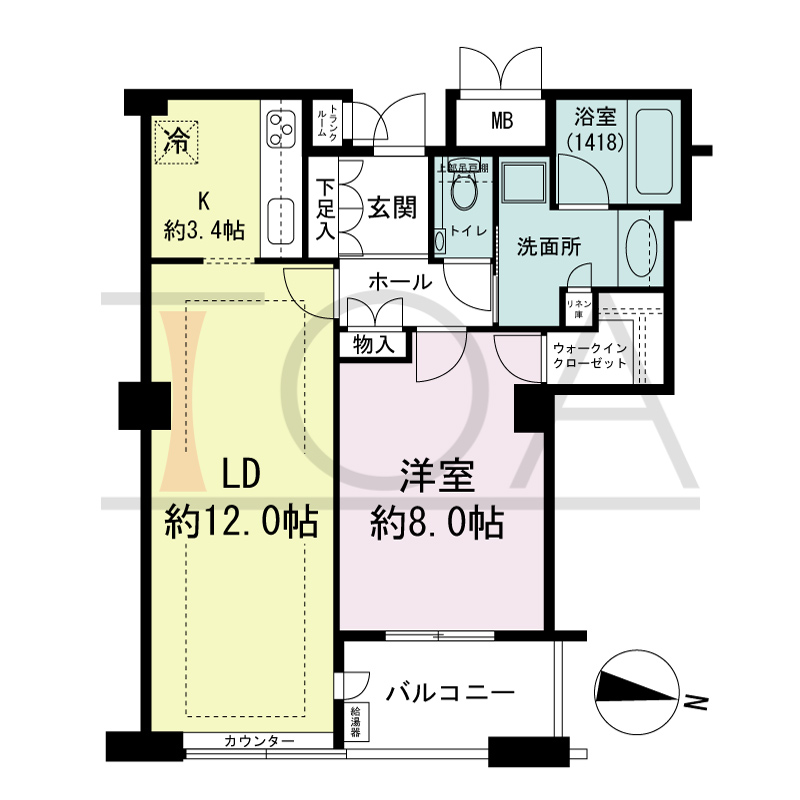 ディーグラフォート大阪NYタワーHIGOBASHIの間取り図 南向き 1LDK+WIC 専有面積55.43m2
バルコニー面積5.18m2