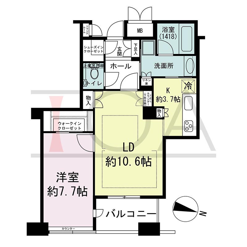 ディーグラフォート大阪NYタワーHIGOBASHIの間取り図 東向き 1LDK+WIC 専有面積55.79m2
バルコニー面積5.18m2