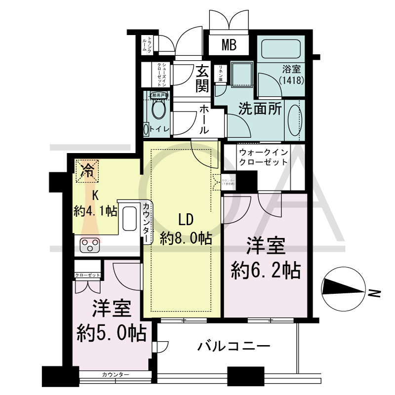 ディーグラフォート大阪NYタワーHIGOBASHIの間取り図 東向き 2LDK+WIC 専有面積57.04m2
バルコニー面積7.14m2