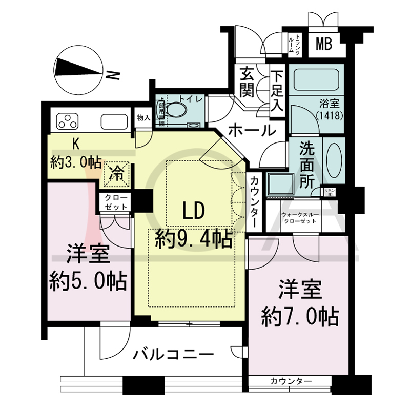 ディーグラフォート大阪NYタワーHIGOBASHIの間取り図 東向き 2LDK+WIC 専有面積57.13m2
バルコニー面積7.14m2