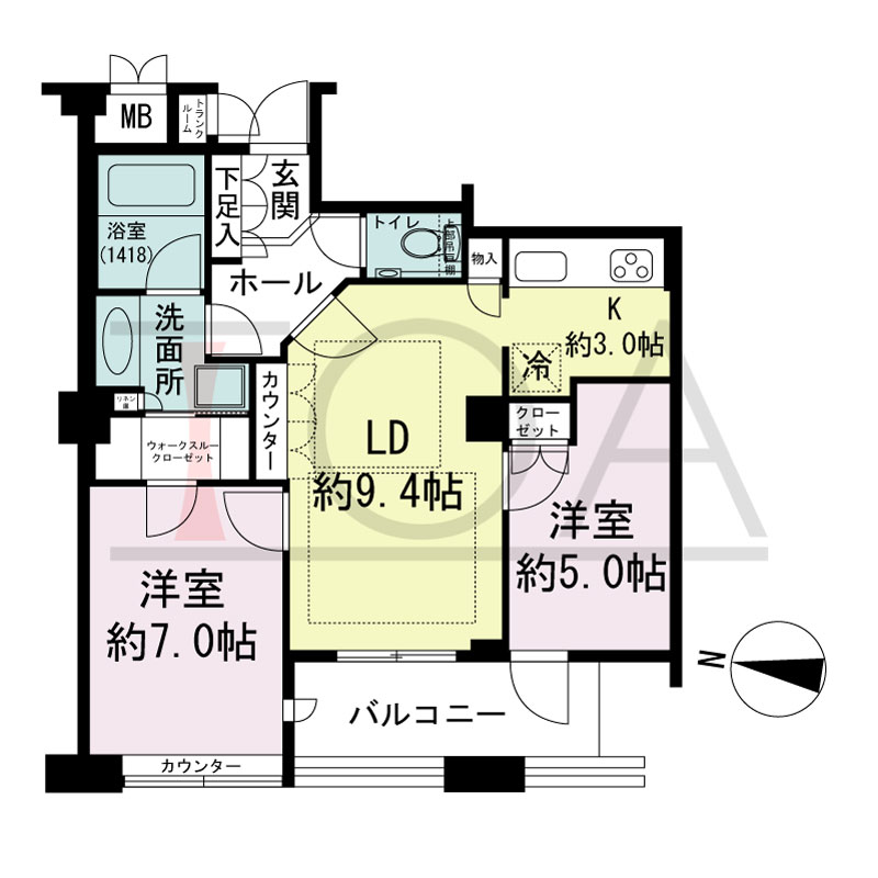 ディーグラフォート大阪NYタワーHIGOBASHIの間取り図 西向き 2LDK+WIC 専有面積57.13m2
バルコニー面積7.14m2