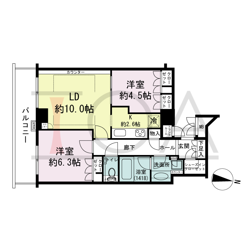 ディーグラフォート大阪NYタワーHIGOBASHIの間取り図 南向き 2LDK 専有面積58.47m2
バルコニー面積9.45m2