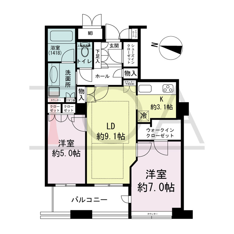 ディーグラフォート大阪NYタワーHIGOBASHIの間取り図 西向き 2LDK+WIC 専有面積59.88m2
バルコニー面積7.14m2