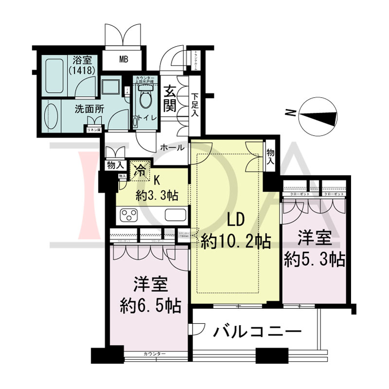 ディーグラフォート大阪NYタワーHIGOBASHIの間取り図 西向き 2LDK 専有面積62.49m2
バルコニー面積7.14m2
