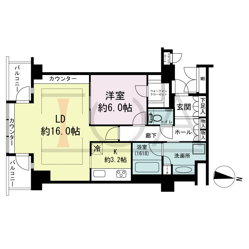 ディーグラフォート大阪NYタワーHIGOBASHIの間取り図 南向き 1LDK+WIC 専有面積63.33m2
バルコニー面積5.85m2