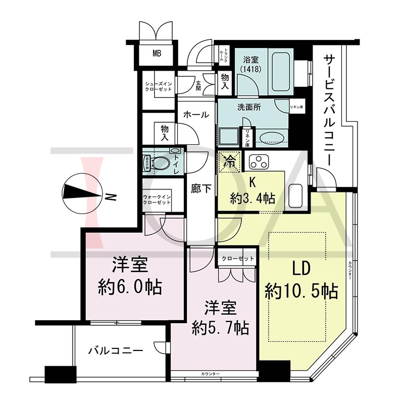 ディーグラフォート大阪NYタワーHIGOBASHIの間取り図 北東向き角 2LDK+WIC 専有面積63.93m2
バルコニー面積4.89m2
サービスバルコニー面積5.25m2