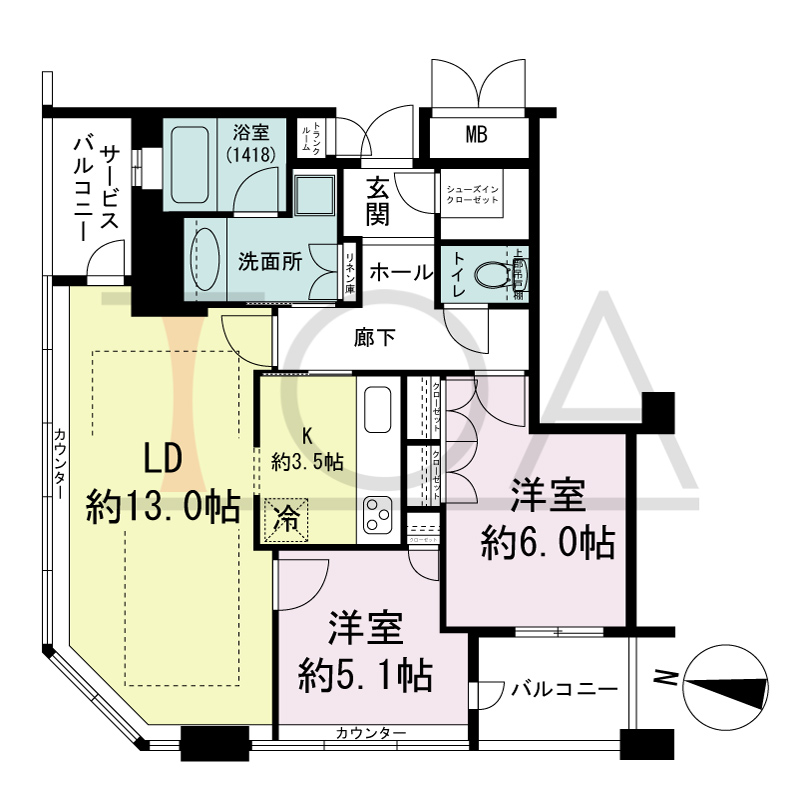 ディーグラフォート大阪NYタワーHIGOBASHIの間取り図 北西向き角 2LDK 専有面積65.14m2
バルコニー面積3.82m2
サービスバルコニー面積3.14m2