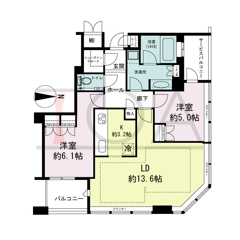 ディーグラフォート大阪NYタワーHIGOBASHIの間取り図 北東向き角 2LDK 専有面積65.42m2
バルコニー面積3.82m2
サービスバルコニー面積3.14m2