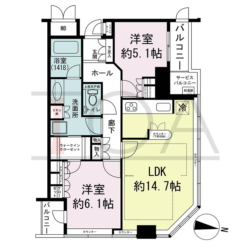 ディーグラフォート大阪NYタワーHIGOBASHIの間取り図 北東向き角 2LDK+WIC 専有面積65.48m2
バルコニー面積4.27m2
サービスバルコニー面積1.55m2