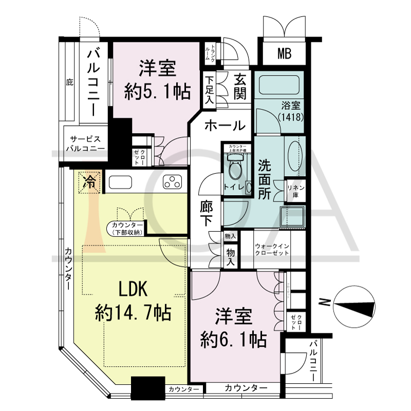 ディーグラフォート大阪NYタワーHIGOBASHIの間取り図 北西向き角 2LDK+WIC 専有面積65.48m2
バルコニー面積4.27m2
サービスバルコニー面積1.55m2