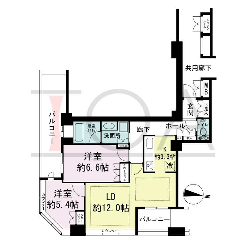ディーグラフォート大阪NYタワーHIGOBASHIの間取り図 東向き角 2LDK 専有面積65.89m2
バルコニー面積14.66m2