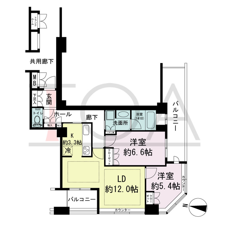 ディーグラフォート大阪NYタワーHIGOBASHIの間取り図 南西向き角 2LDK 専有面積65.89m2
バルコニー面積14.66m2