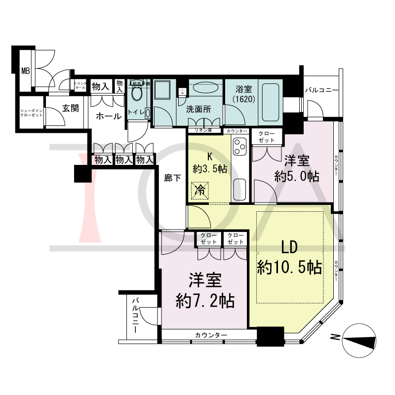 ディーグラフォート大阪NYタワーHIGOBASHIの間取り図 南西向き角 2LDK+WIC 専有面積69.43m2
バルコニー面積4.00m2