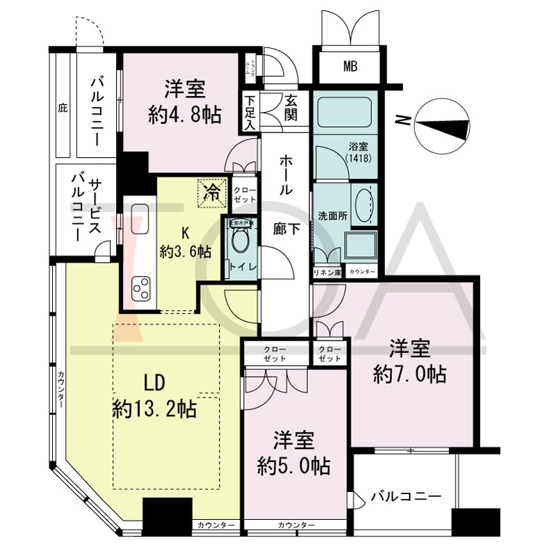 ディーグラフォート大阪NYタワーHIGOBASHIの間取り図 北西向き角 3LDK 専有面積70.83m2
バルコニー面積6.23m2
サービスバルコニー面積2.84m2