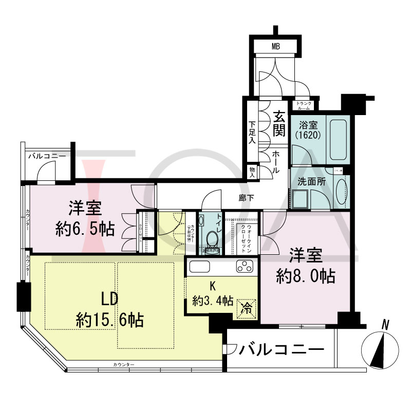 ディーグラフォート大阪NYタワーHIGOBASHIの間取り図 南東向き角 2LDK+WIC 専有面積76.72m2
バルコニー面積7.17m2