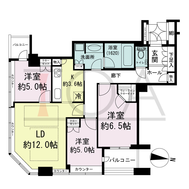 ディーグラフォート大阪NYタワーHIGOBASHIの間取り図 南東向き角 3LDK+WIC 専有面積76.73m2
バルコニー面積6.18m2