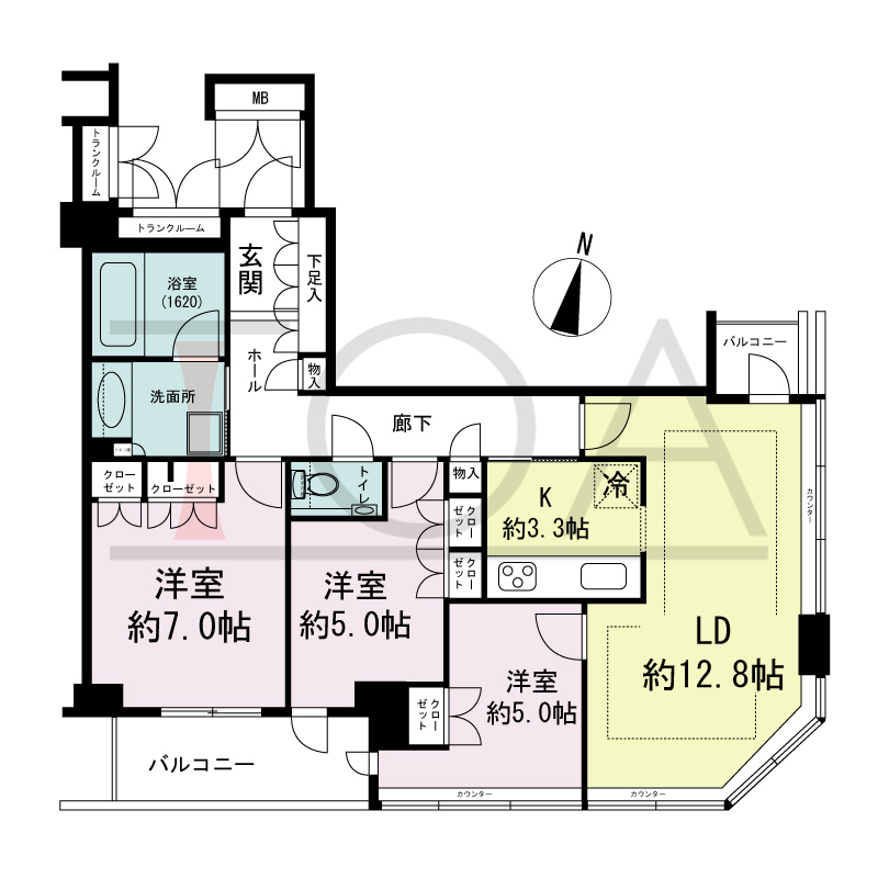 ディーグラフォート大阪NYタワーHIGOBASHIの間取り図 南東向き角 3LDK 専有面積78.49m2
バルコニー面積7.50m2