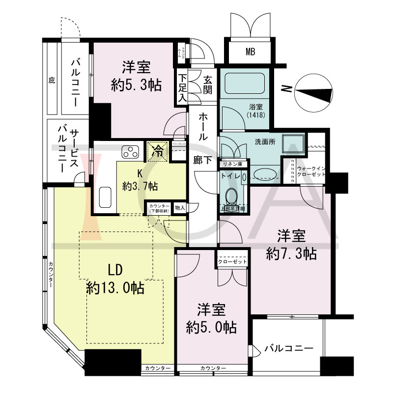 ディーグラフォート大阪NYタワーHIGOBASHIの間取り図 北西向き角 3LDK+WIC 専有面積74.00m2
バルコニー面積6.23m2
サービスバルコニー面積2.84m2