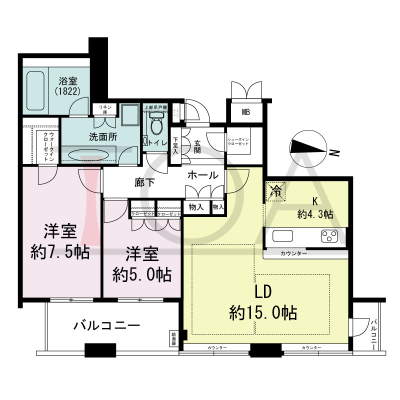 ディーグラフォート大阪NYタワーHIGOBASHIの間取り図 北東向き 2LDK+WIC 専有面積78.05m2
バルコニー面積9.01m2