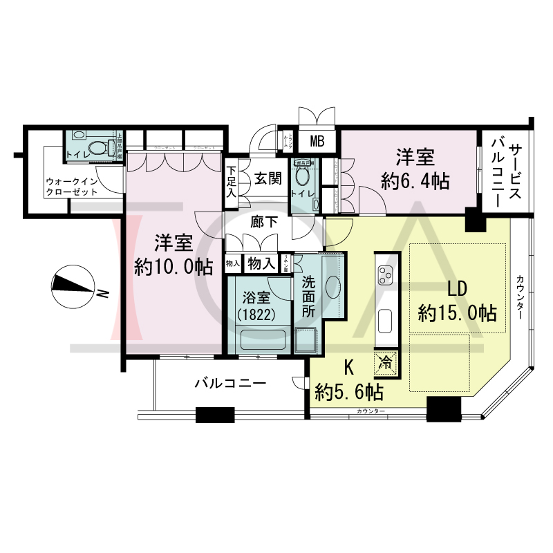 ディーグラフォート大阪NYタワーHIGOBASHIの間取り図 北東向き角 2LDK+WIC 専有面積90.38m2
バルコニー面積7.48m2
サービスバルコニー面積3.14m2