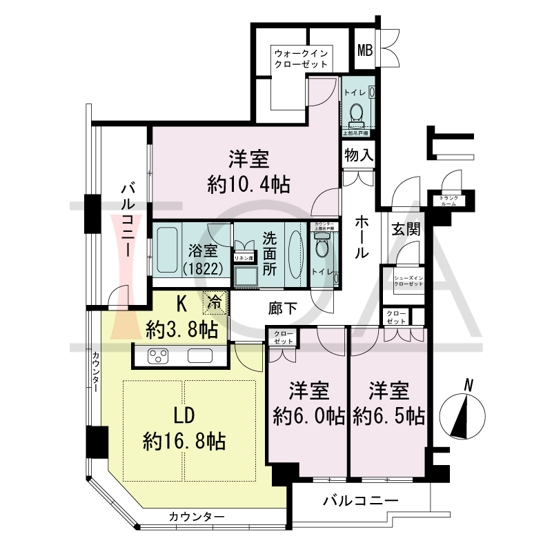 ディーグラフォート大阪NYタワーHIGOBASHIの間取り図 南西向き角 3LDK+WIC 専有面積107.02m2
バルコニー面積13.87m2