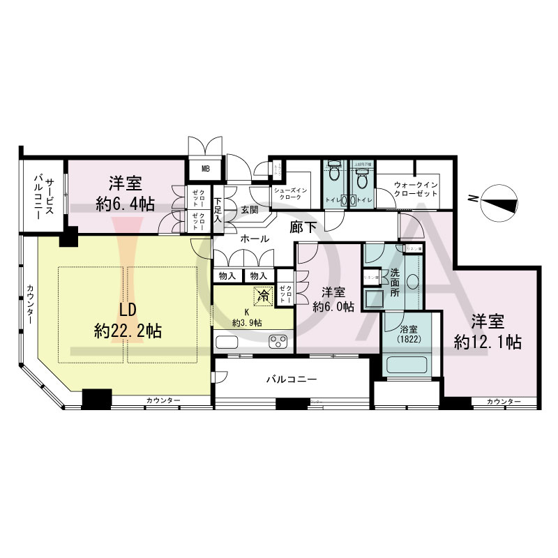 ディーグラフォート大阪NYタワーHIGOBASHIの間取り図 北西向き角 3LDK+WIC 専有面積120.32m2
バルコニー面積9.01m2
サービスバルコニー面積3.41m2