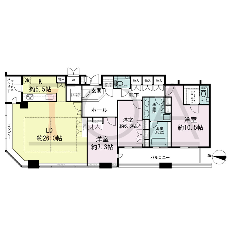 ディーグラフォート大阪NYタワーHIGOBASHIの間取り図 北西向き角 3LDK+WIC 専有面積133.14m2
バルコニー面積12.75m2
サービスバルコニー面積3.41m2