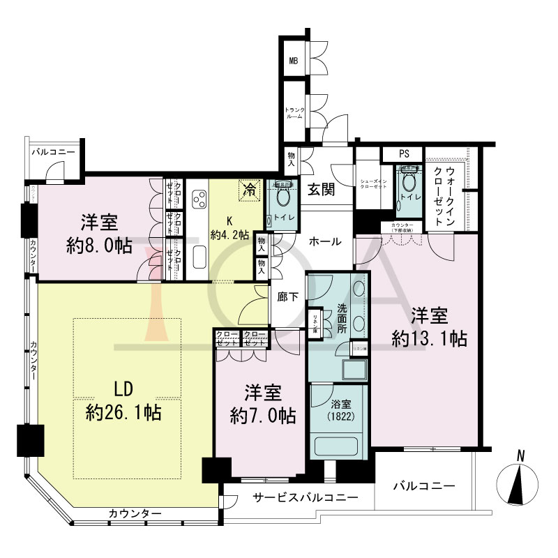 ディーグラフォート大阪NYタワーHIGOBASHIの間取り図 南西向き角 3LDK+WIC 専有面積134.48m2
バルコニー面積7.54m2
サービスバルコニー面積5.37m2