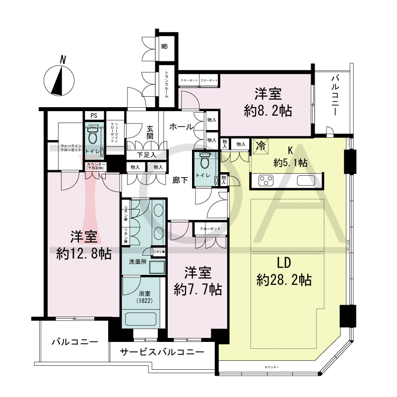 ディーグラフォート大阪NYタワーHIGOBASHIの間取り図 南東向き角 3LDK+WIC 専有面積146.03m2
バルコニー面積10.30m2
サービスバルコニー面積5.37m2
