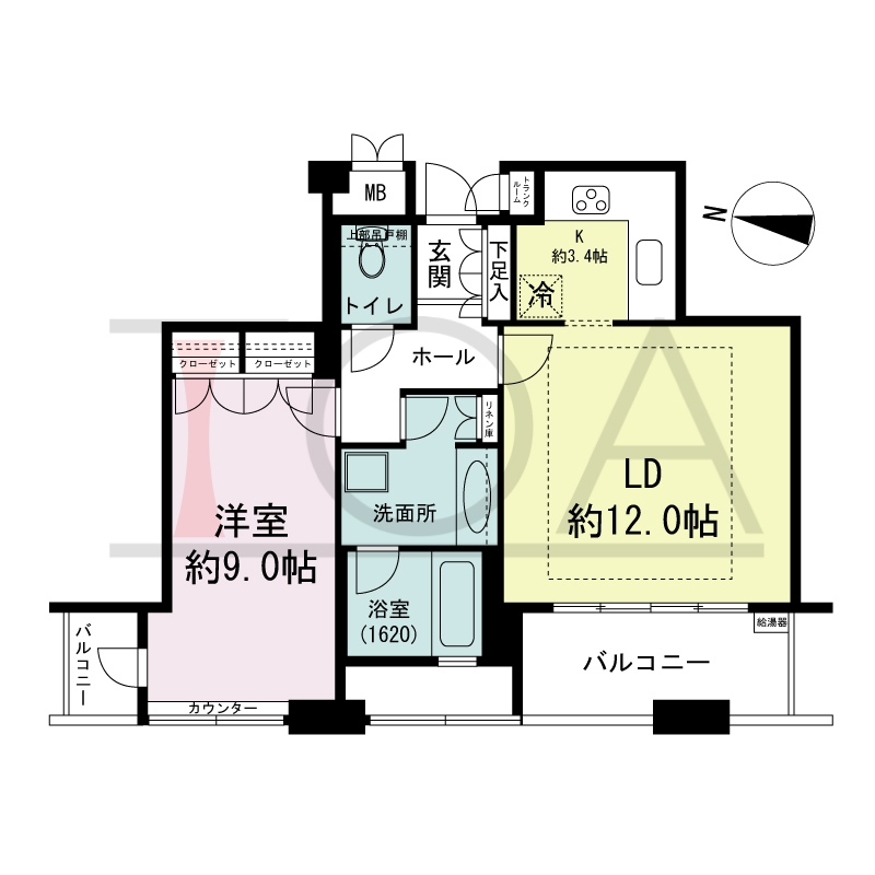 ディーグラフォート大阪NYタワーHIGOBASHIの間取り図 西向き 1LDK 専有面積61.76m2
バルコニー面積9.01m2