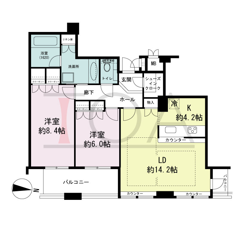 ディーグラフォート大阪NYタワーHIGOBASHIの間取り図 東向き 2LDK 専有面積76.98m2
バルコニー面積9.01m2