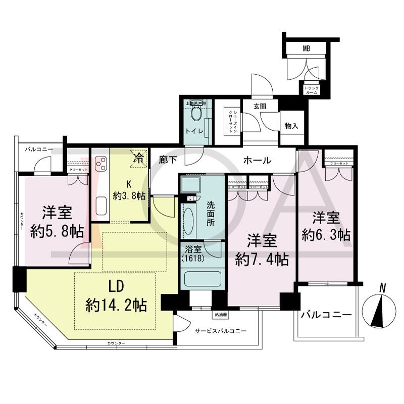 ディーグラフォート大阪NYタワーHIGOBASHIの間取り図 南西向き角 3LDK 専有面積88.44m2
バルコニー面積6.22m2
サービスバルコニー面積4.34m2