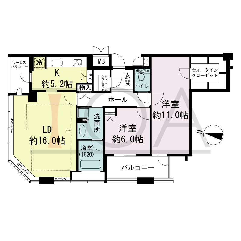 ディーグラフォート大阪NYタワーHIGOBASHIの間取り図 北西向き角 2LDK+WIC 専有面積90.73m2
バルコニー面積7.14m2
サービスバルコニー面積3.41m2