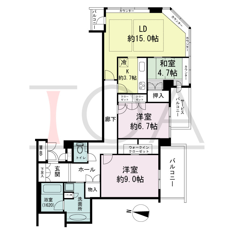 ディーグラフォート大阪NYタワーHIGOBASHIの間取り図 南東向き角 3LDK+WIC 専有面積100.29m2
バルコニー面積9.48m2
サービスバルコニー面積4.34m2