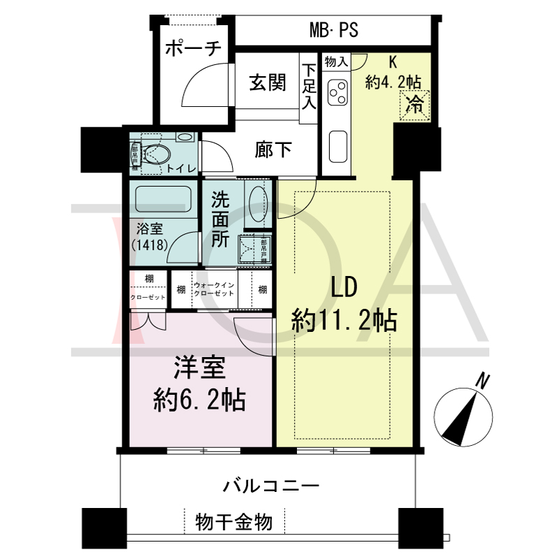 グランドメゾン京町堀タワーの間取り図 南東向き 1LDK+WIC 専有面積52.79m2
バルコニー面積12.35m2