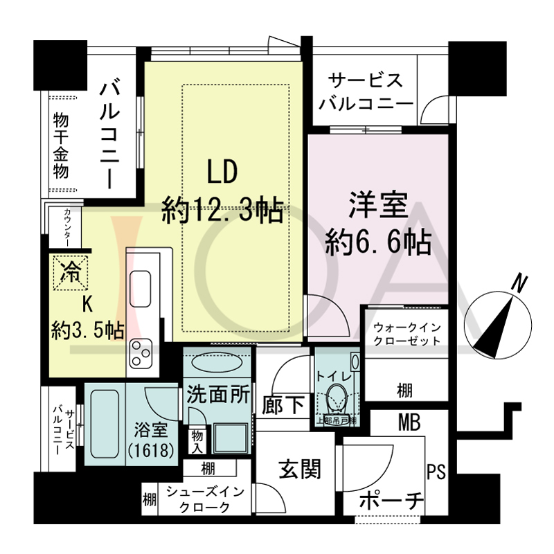 グランドメゾン京町堀タワーの間取り図 北西向き 1LDK+WIC+SIC 専有面積56.65m2
バルコニー面積5.30m2
サービスバルコニー面積4.25m2