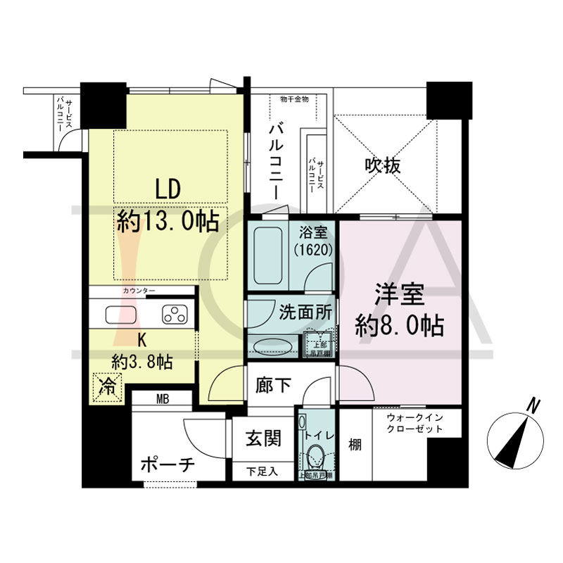 グランドメゾン京町堀タワーの間取り図 北西向き 1LDK+WIC 専有面積60.16m2
バルコニー面積4.23m2
サービスバルコニー面積2.25m2
